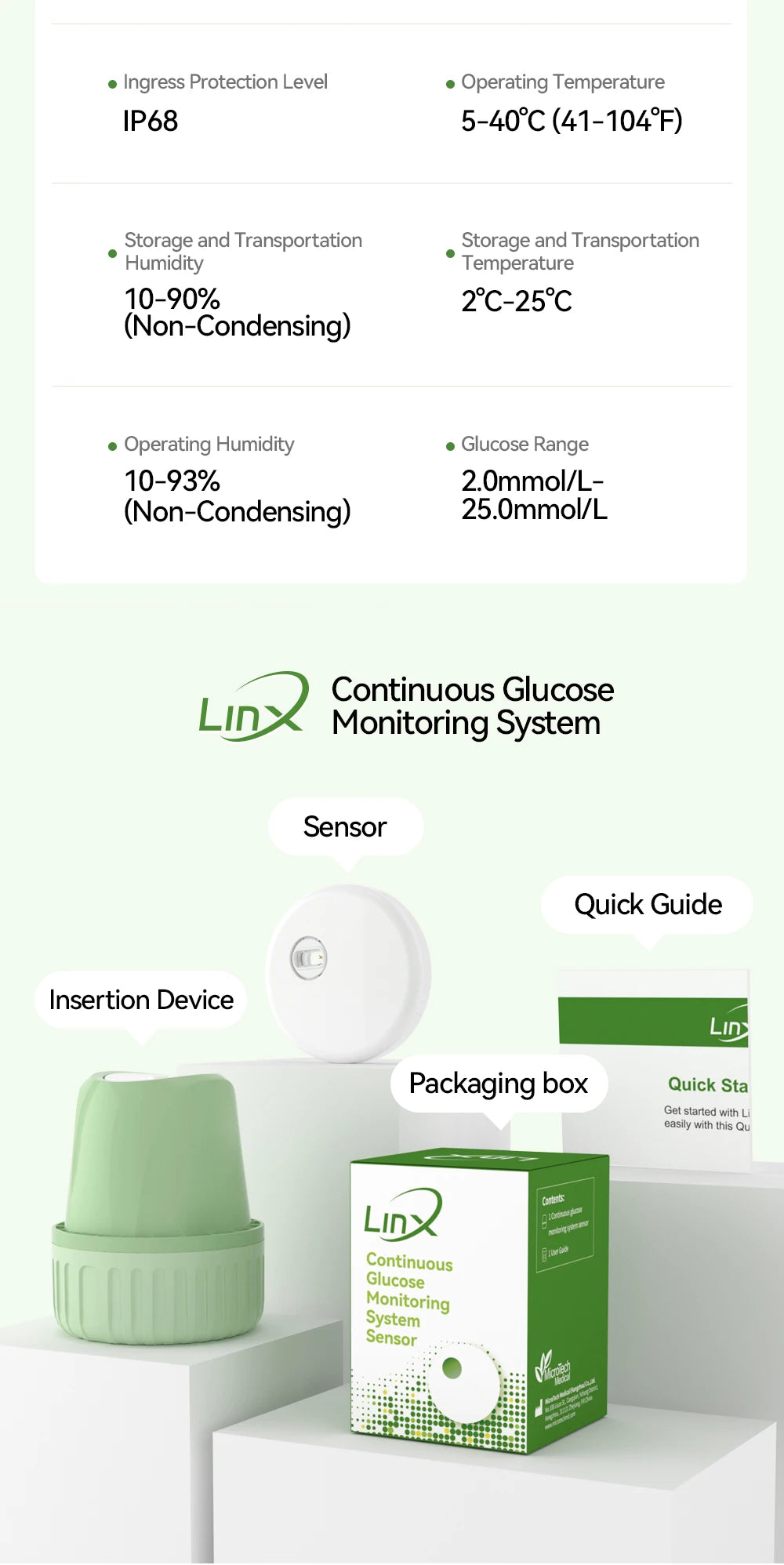 2PCS Microtech LinX Continuous Glucose Monitor System CGM 24H Real-Time Blood Sugar Tracking Sensor for Diabetes Management