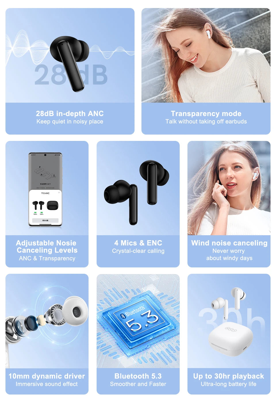 QCY T13 ANC Wireless Earphones Bluetooth 5.3 Active Noise Cancellation Headphones -28dB Fast Charge Earbuds Sports Headset