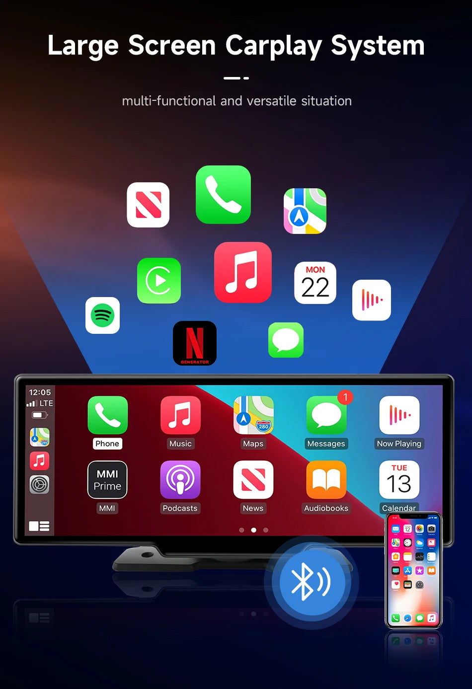 10.26" Car DVR Carplay Android Auto Dashcam 4K 3840*2160 Front And 1080P Rear Camera Voice Control BT FM GPS Recorder Dual lens