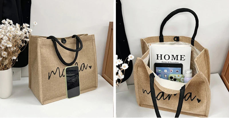 Women Large Capacity Tote Bag Mama Letter Printing Casual Fashion Linen Handbag Shopping Shoulder Bag Mother’s Day Gifts for Mom