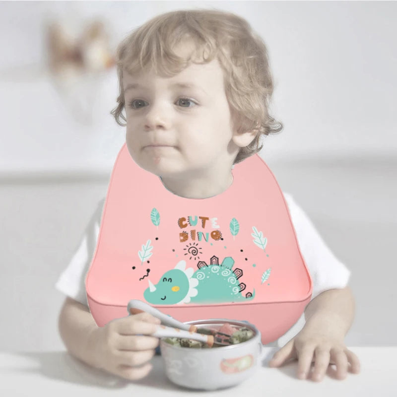 1pcs Waterproof Baby Bibs Cartoon Dinosaur Printed Kids Bibs Adjustable Soft Silicone Bib Baby Feeding Stuff