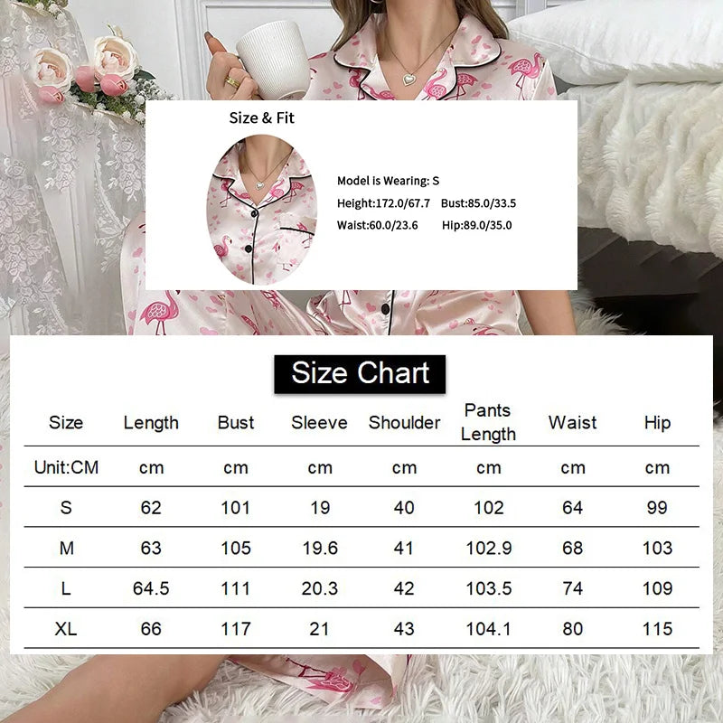 Satin Pajamas For Women Home Clothes Autumn Short Sleeve Turn-down Collar Tops Pants Sleepwear Flamingo Print Pyjama 2 Piece Set