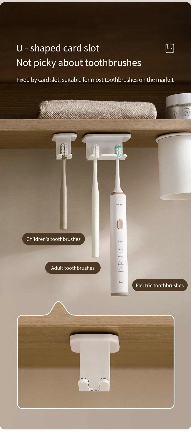 Self Adhesive Detachable Toothbrush Holder for Bathroom Countertop Wall Mounted Electric Toothbrush Plastic Storage Hook