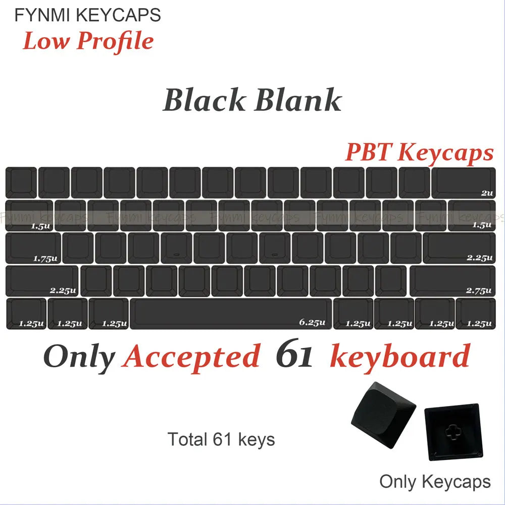 Fynmi Blank Black Low Profile Original PBT keycaps ANSI 61 keys to 116 keys Dye-Sublimation keycaps for Mechanical Keyboard