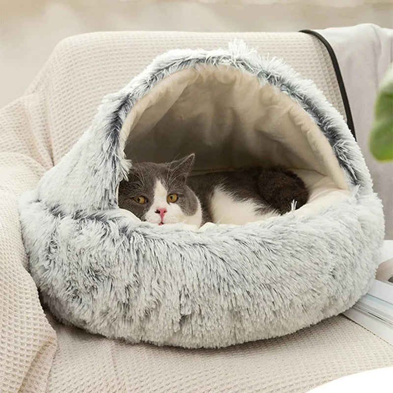 Cat Bed Round Plush Fluffy Hooded Cat Bed Cave,  S/M/L Cozy for Indoor Cats or Small Dog beds, Doughnut Calm Anti-nxiety Dog Bed