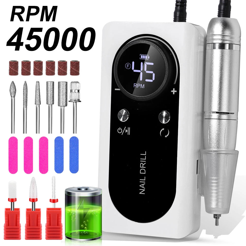 45000RPM Nail Drill Machine Kit Rechargeable Electric Portable Nail Sander File for Gel Nails Polishing For Manicure Salon Home