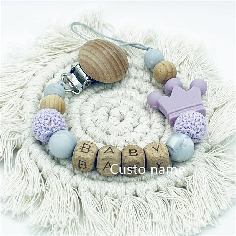 Custom Name Silicone Beads Wooden Ring Pacifier Clips Safe Teething Chains Baby Teether Eco-friendly Dummy Beech Clips Holder