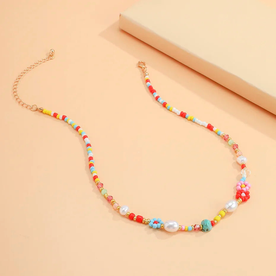 Baroque Simulated Pearls Cute Flowers Colorful Hand-woven Beaded Short Clavicle Chain Choker Necklace For Women Girls Jewelry