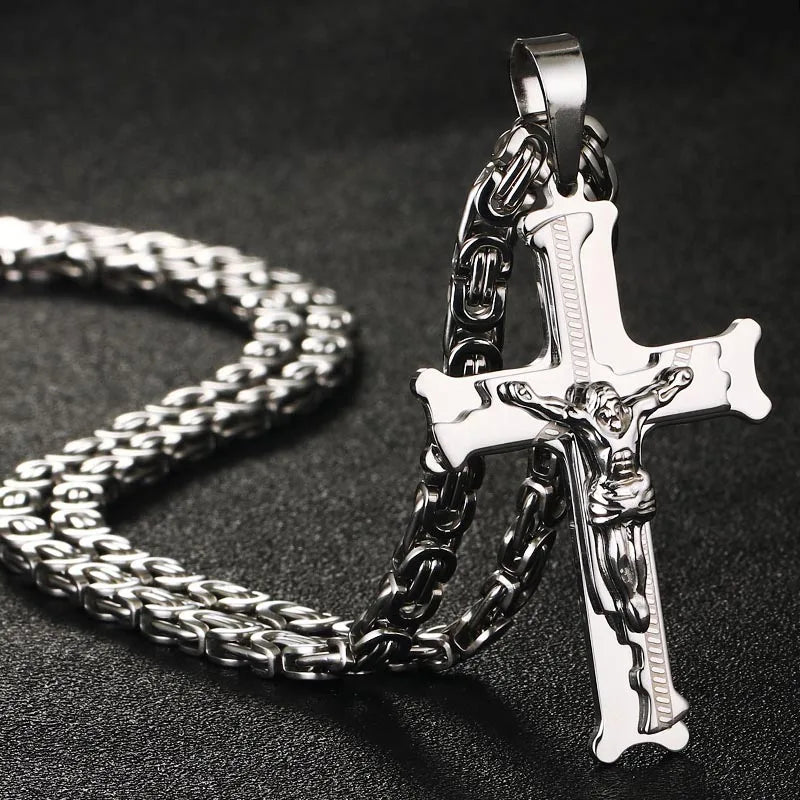Stainless Steel Crucifix Jesus Byzantine Link Chain Necklace Fish Bone Pattern Cross Pendant Necklace Catholic Jewelry Men Gift