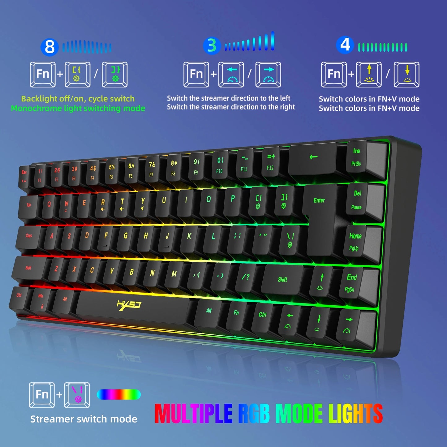 68 Keys Gaming Keyboard USB Wired Portable 20 RGB Backlight Keyboard for Windows Laptops Computer