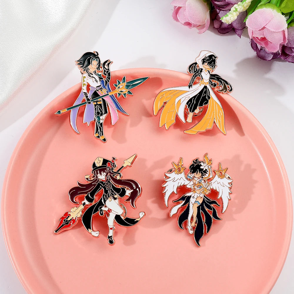 4 Pcs Genshin Impact Series Brooch Creative Walnut Mandrilla Enamel Pin Metal Paint Badge Backpack Clothing Accessories Wallet