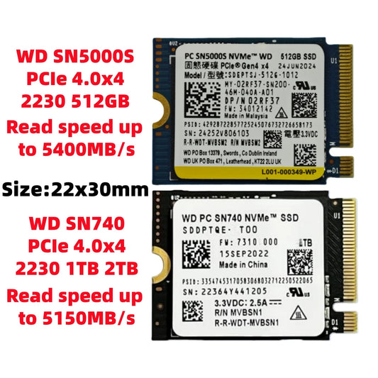 WD SN5000S 512GB & SN740 1TB 2TB NVMe PCIe 4.0x4 M.2 2230 SSD for Steam Deck Microsoft Surface ProX & SN740 2242 256GB