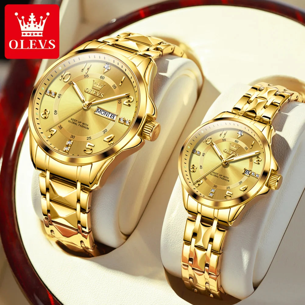 OLEVS 2910 Luxury Men Women Couple Watch Dual Calendar Display Waterproof Stainless Steel Clock Gold Diamond Couple Quartz Watch