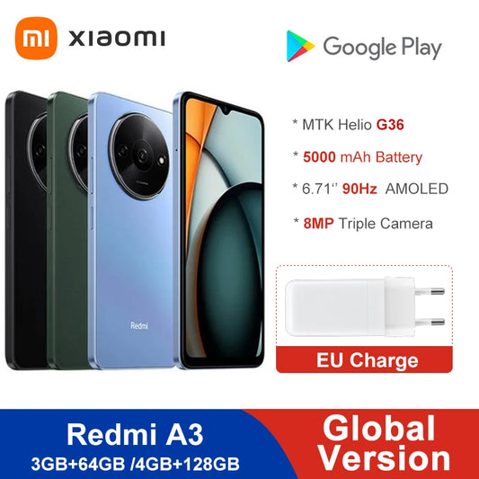 Global Version Xiaomi Redmi A3 4GB128GB 3GB 64GB Side Fingerprint MediaTek Helio G36 90Hz 6.71" Large Display 5000mAh RedmiA3