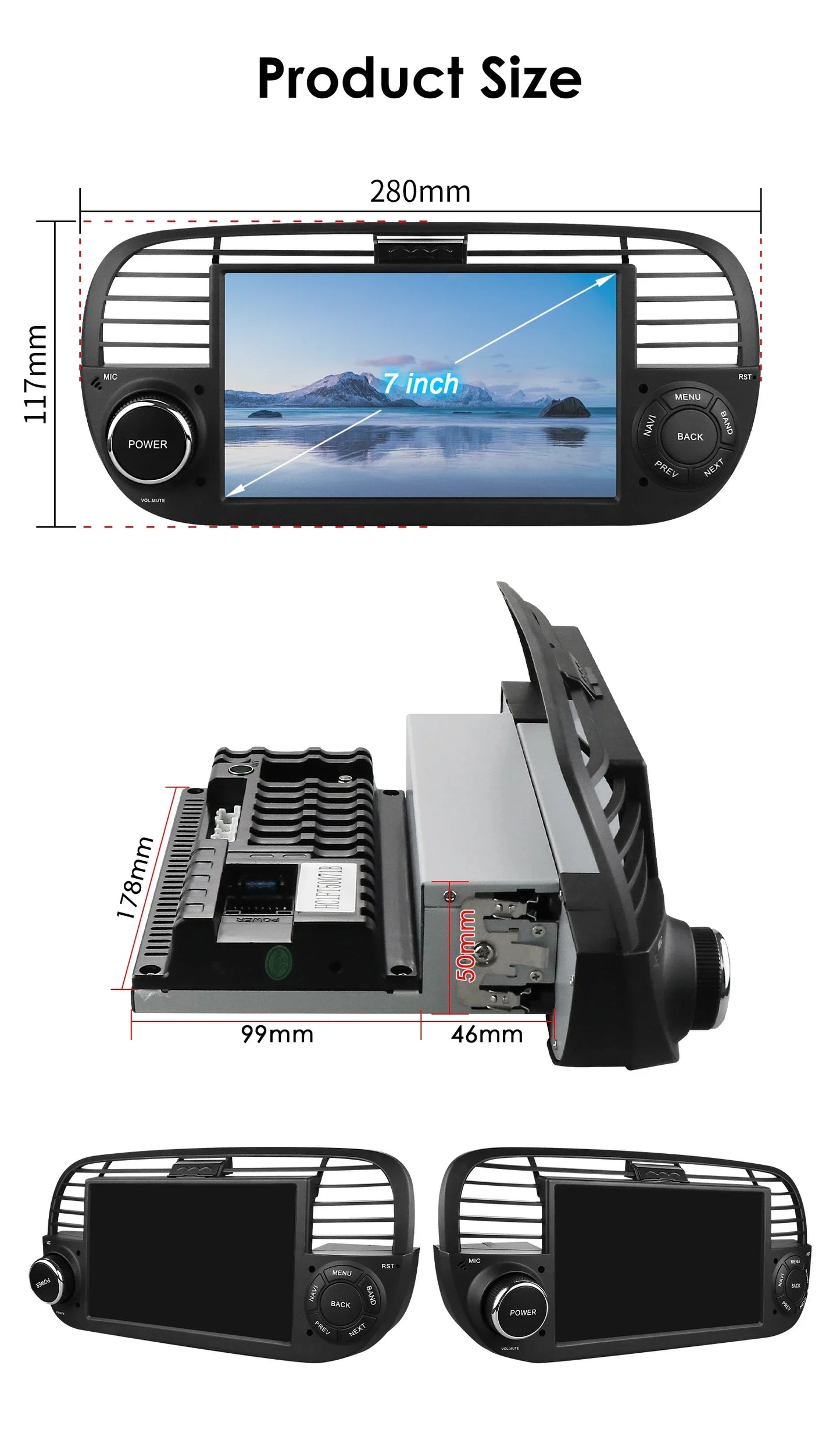 Junuse 7" Wireless Android Auto Carplay For Fiat 500 2007~2015 Android 13 Carplay GPS Navigation Multimedia Player White Black