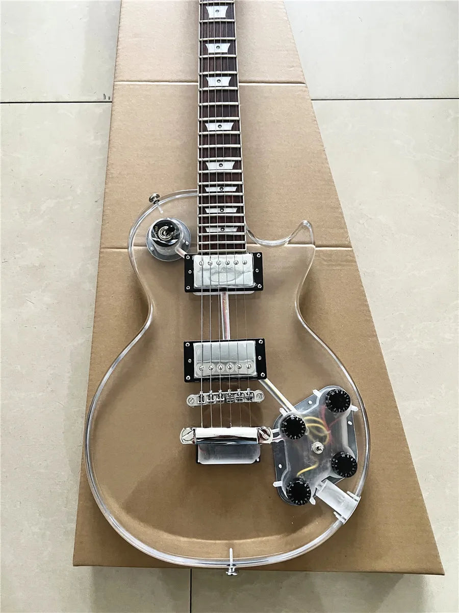 High quality custom crystal acrylic transparent Plexiglass 6-string electric guitar rose wood fingerboard led color lights
