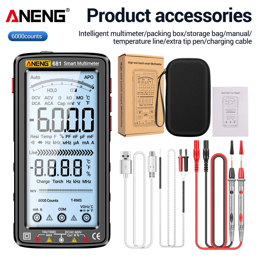 ANENG 681 Rechargable Digital Professional Multimeter Non-contact Voltage Tester AC/DC Voltage Meter LCD Screen Current Tester