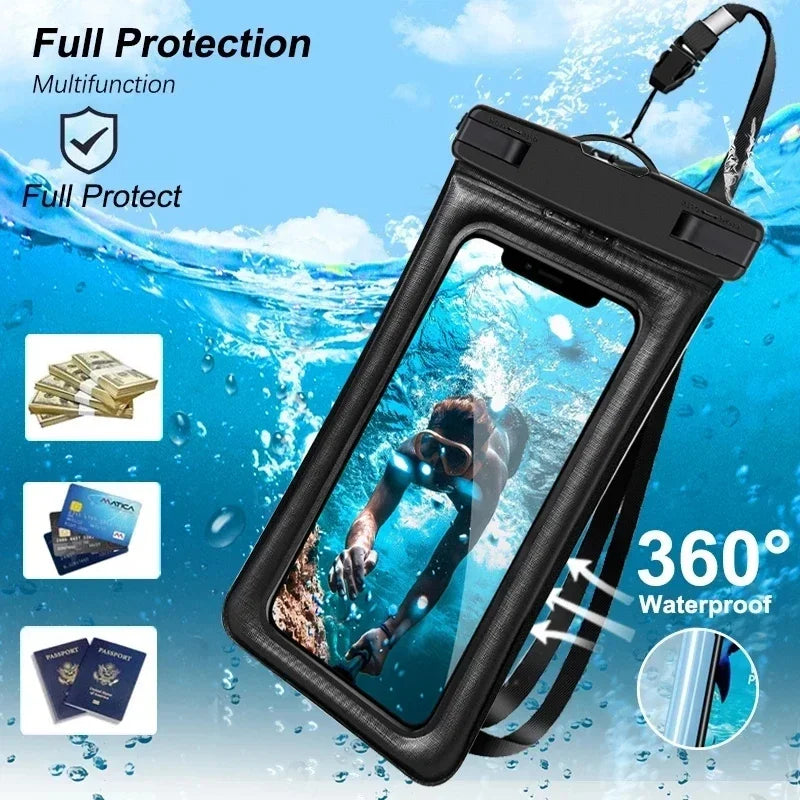 Floating Airbag Waterproof Swimming Bag Phone Case & Strap For iPhone 11 12 13 14 15 Pro Max Samsung S23 S22 Xiaomi Huawei Cover