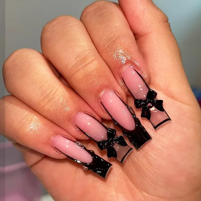 24Pcs Full Cover False Nails with Glue Long Square Coffin Fake Nails French Detachable Ballet Love Pattern Design Press on Nails