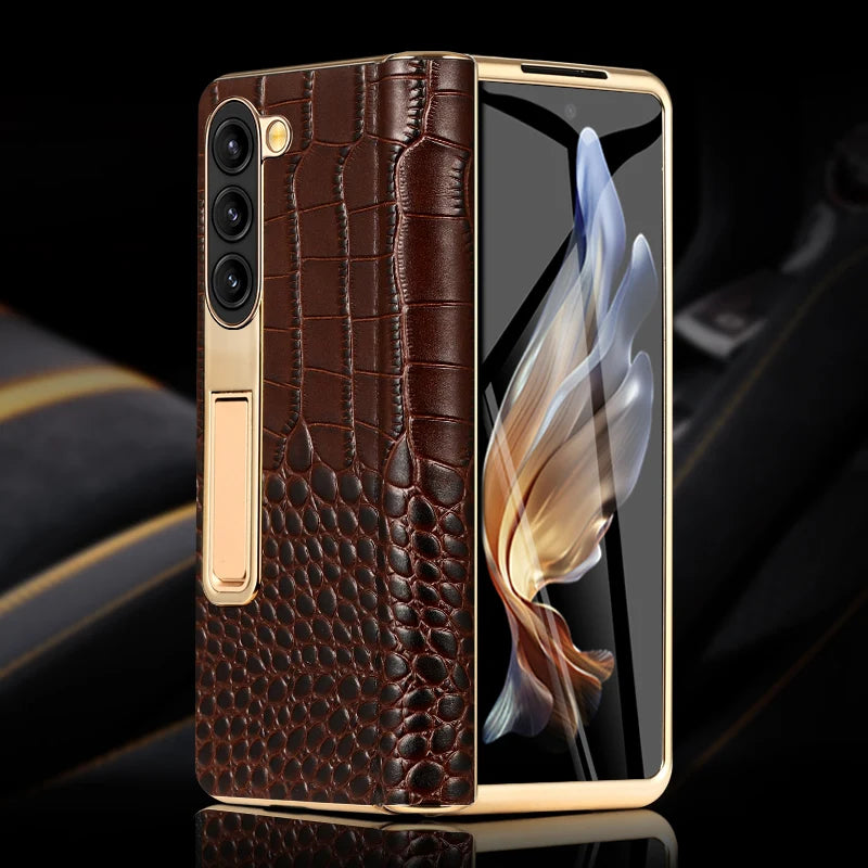 Leather Phone Case for Samsung Galaxy Z Fold 7 6 5 4 3 Fold6 Fold7 Gold Plating Magnetic Hinge Stand Back Cover with Mirror Film