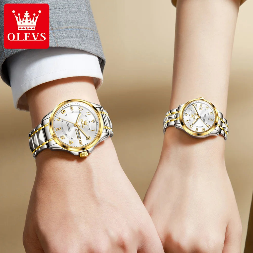 OLEVS 2910 Luxury Men Women Couple Watch Dual Calendar Display Waterproof Stainless Steel Clock Gold Diamond Couple Quartz Watch