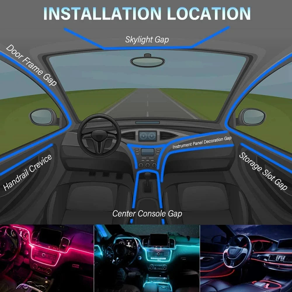 6IN1 8M RGB LED Atmosphere Car Interior Ambient Light Fiber Optic Strips Light by App Control Neon LED Auto Decorative Lamp