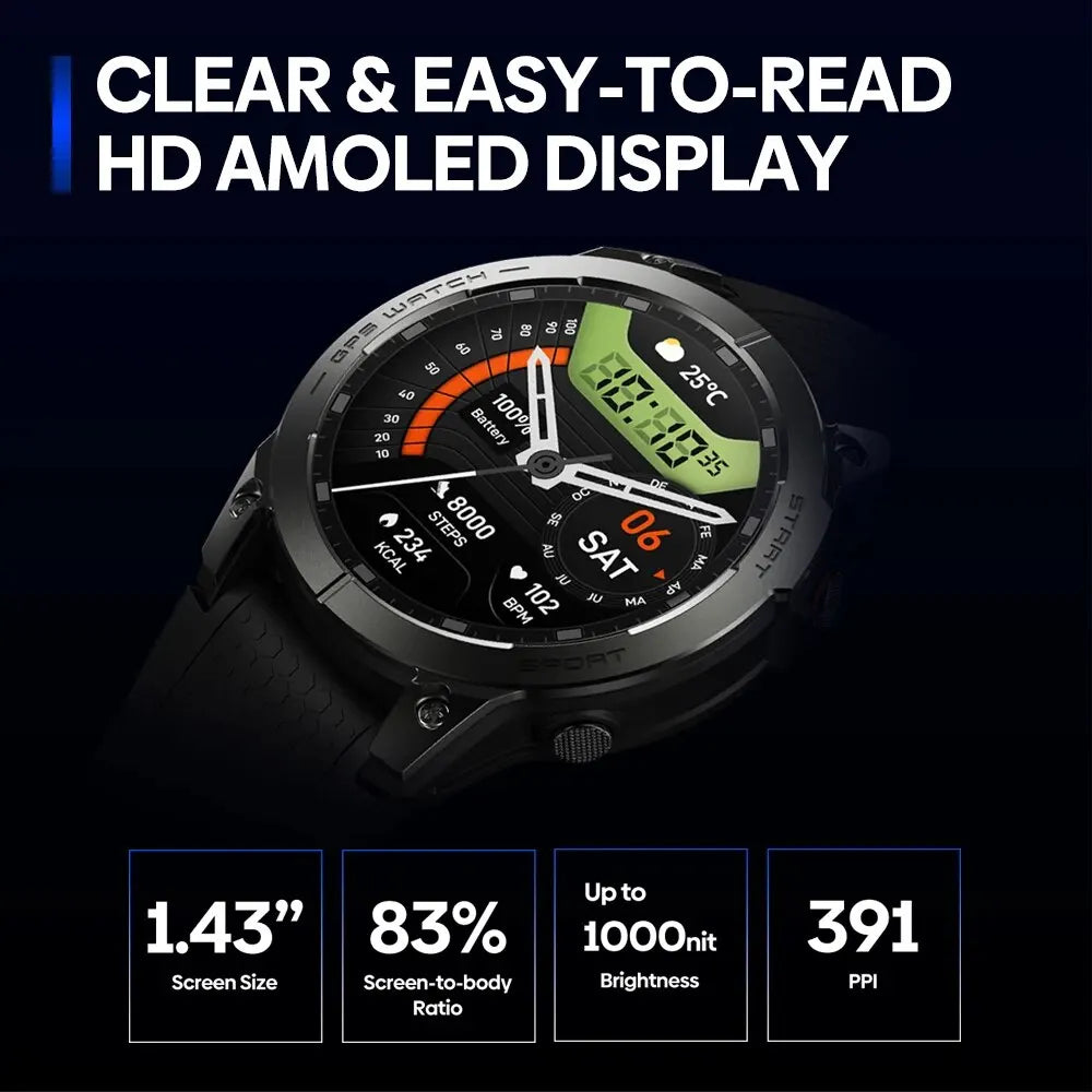 New Zeblaze Stratos 3 PRO GPS Smart Watch 1.43” HD AMOLED Display Built-in GPS Bluetooth Phone Calls Sports Smartwatch for Men