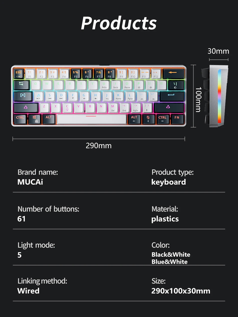 MUCAI mechanical keyboard 61 key mini portable wired cool light effect red axis hot swappable e-sports game office desk keyboard