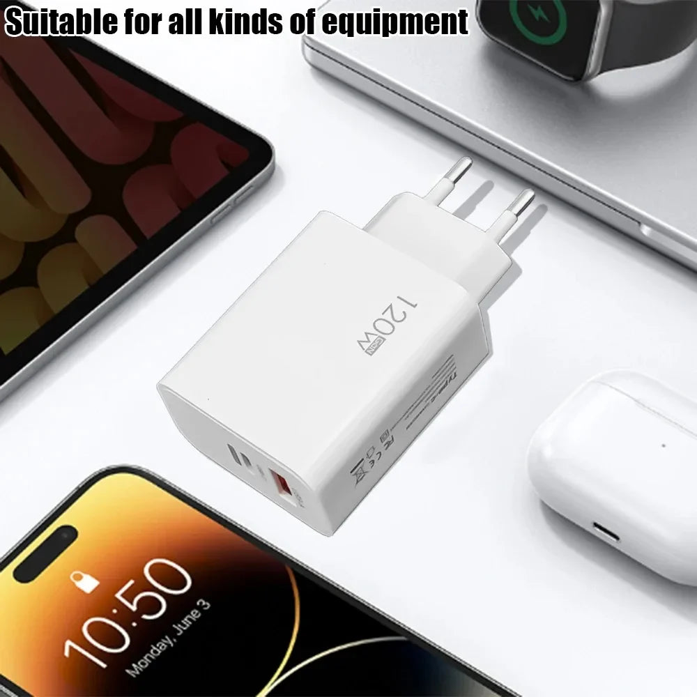 Total 120W USB Type C Fast Charging Charger PD Mobile Phone Quick Charge Wall Adapter for iPhone 15 Xiaomi Samsung GaN Charger