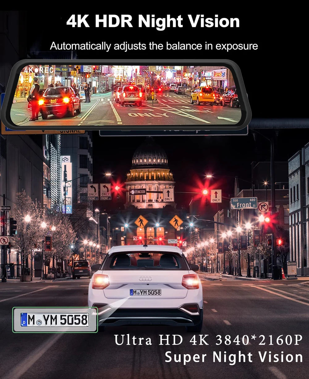 10 Inch 4K 2160P Car DVR Carplay Android Auto 5G WIFI GPS Dash Cam BT FM Dashcam Camera Stream RearView Mirror Drive Recorder