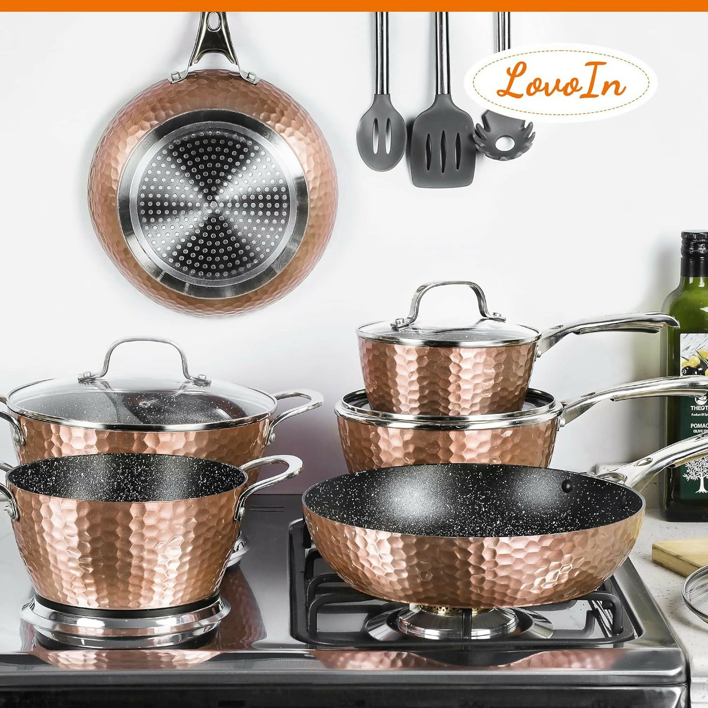 14 Pc Hammered Nonstick Cookware Set – Copper Finish