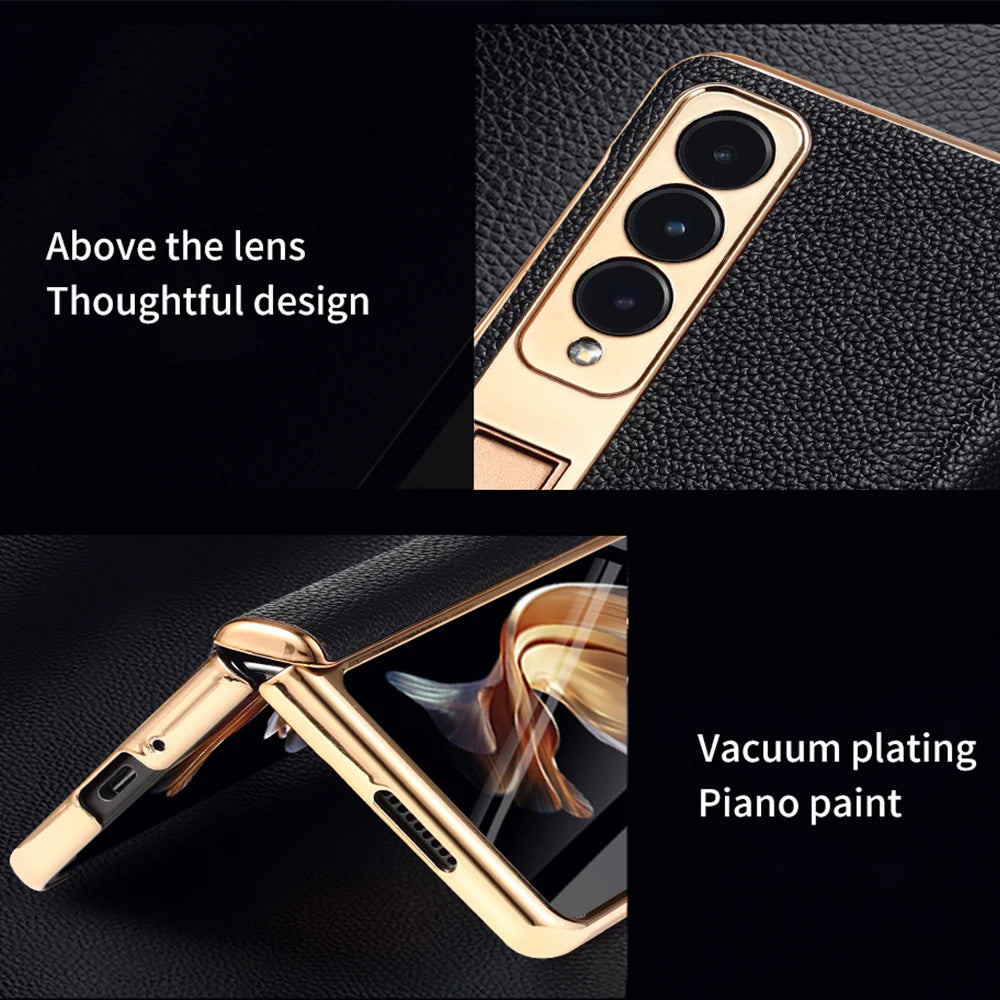 LANGSIDI Leather Case for Samsung Galaxy Z Fold 7 6 5 4 3 Fold6 Fold7 Gold Plating Magnetic Hinge Stand Cover with Mirror Film