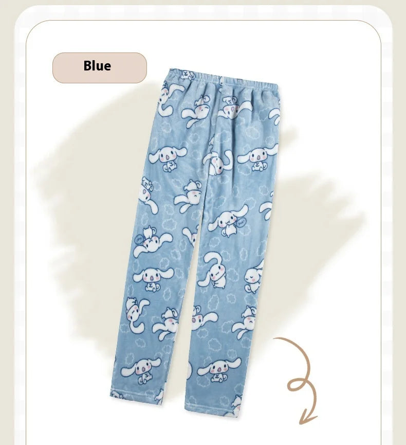 Miniso Hello Kitty Kuromi Sleeper Pants With Flannel Thick Fleece For Warmth Casual Cute Cartoon Pattern Girl Christmas Clothing