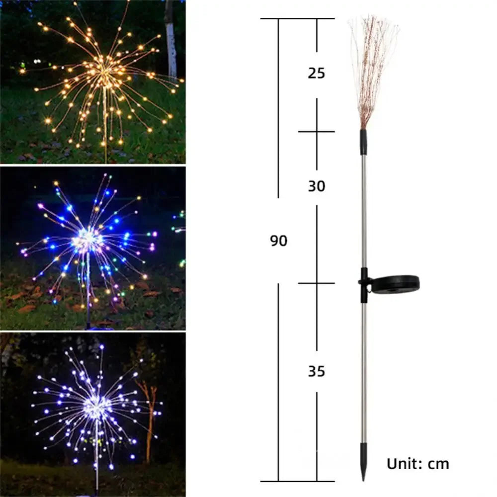 LED Outdoor Solar Fireworks Lights 90/150 LED Fairy Lights 8 Modes Garden Ground Plug Waterproof Holiday for Balcony Lawn Decor