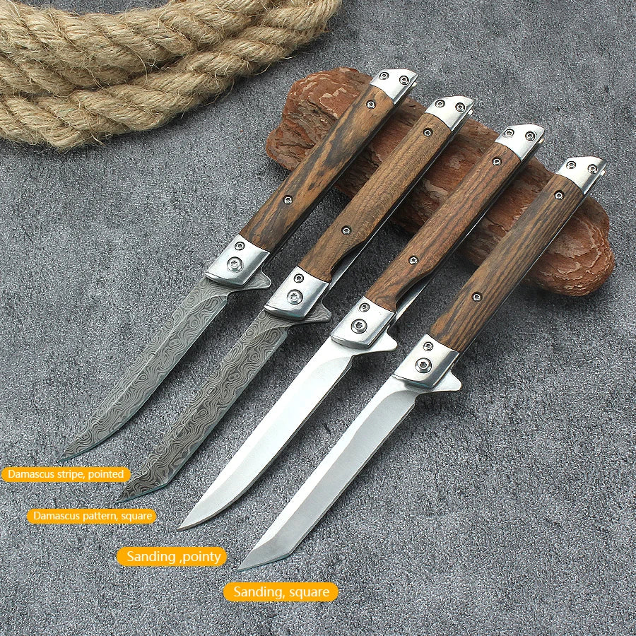 Portable Damascus Carry Pocket Knife Survival Knife Folding Knife Outdoor Tactical Knife Survival Camping Knife Wooden Handle