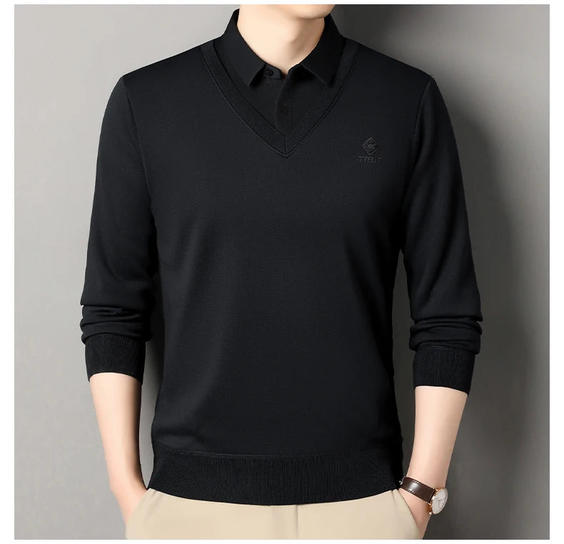 Men's Winter Sweater Velvet Pullover Solid Color Slim Fit Elegant Luxury Brand Knitwear Fake Two Pieces Knitted Sweaters