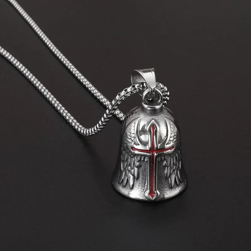 Biker Bell Carved Red Cross Wings Pendant Motorcycle Riding Bell Necklace Personality Men\'s Lucky Amulet Jewelry Wholesale