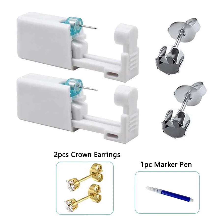 2PCS Disposable Ear Piercing Gun with Built-in Ear Studs & 2pcs Cubic Zirconia Earrings-For Home Use Ear Piercing Kit