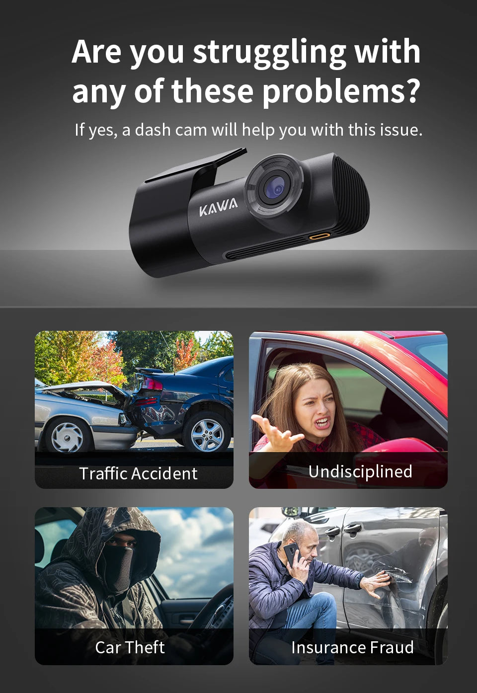 2K Dash Cam For Cars DVR Recorder Front Dash Camera KAWA D5 Emergency Video Recording EN,RU,FR,JP Voice Control WiFi APP Monitor