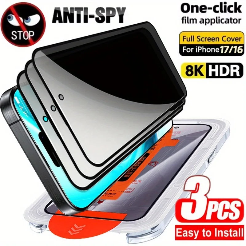 3Pcs Dust-Free Installation Privacy Screen Protector for iPhone 17 16 15 Pro Max 14 13 12 11 Pro Mini 16e Air X XR XS Max Glass