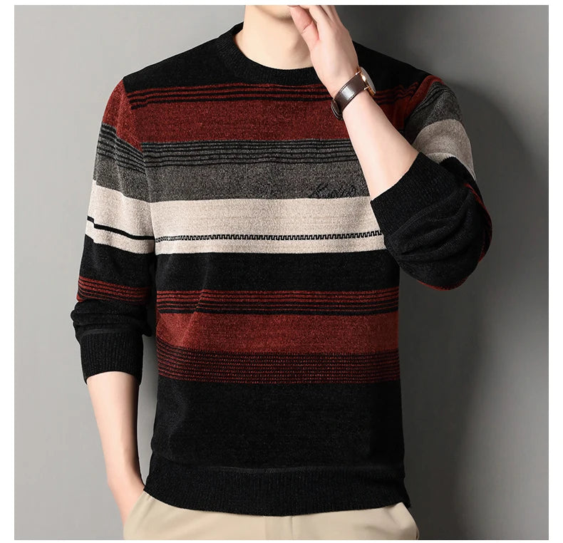 Mens Thickened Sweater Stripe Velvet Pullover Men's Winter Clothes