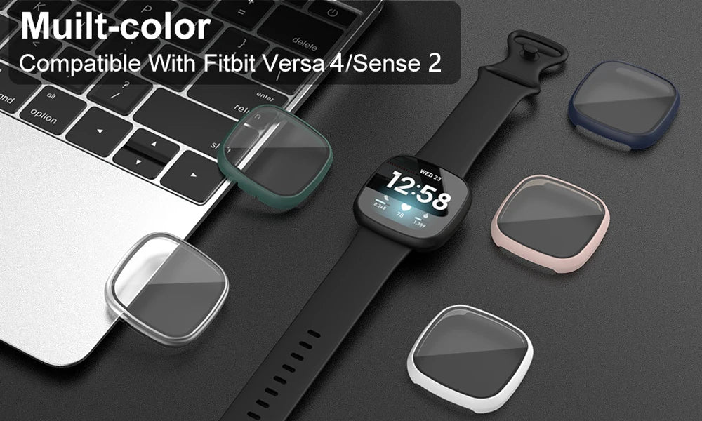 Screen Protector for Fitbit Versa 4/Sense 2 Hard PC Bumpe Protective HD Tempered Glass Case All-Around Full Cover Bumper Shell