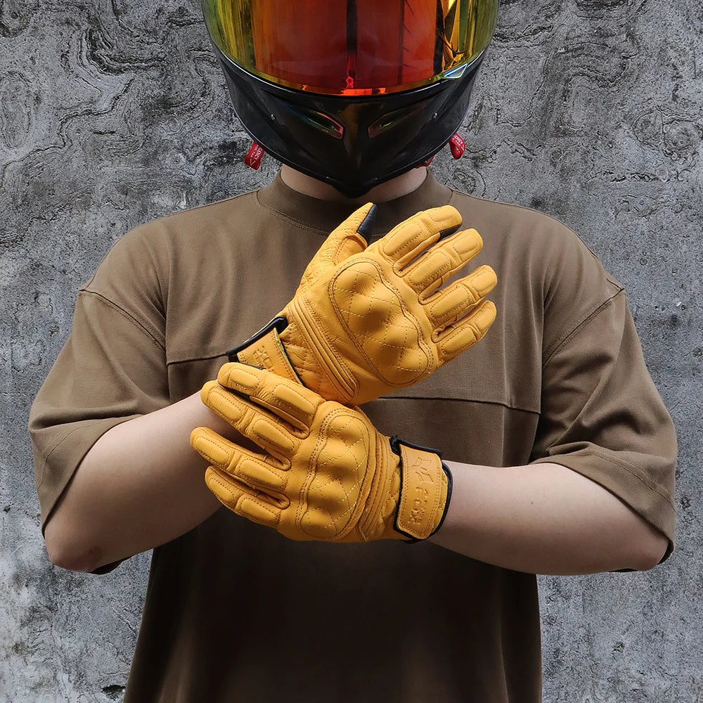 Vintage Leather Motorcycle Gloves Men Women Wear-resistant Motobike Guantes Touchscreen Anti-slip Retro Motobiker Luvas Yellow