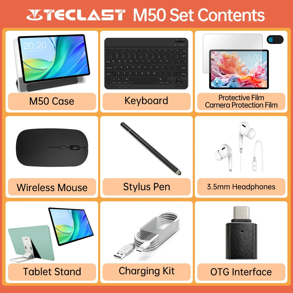 Teclast M50 2024 Tablet Unisoc T606 8-core 2.0GHz/14GB(6GB+8GB) RAM/128GB ROM/Keyboard,Accessories Bundle