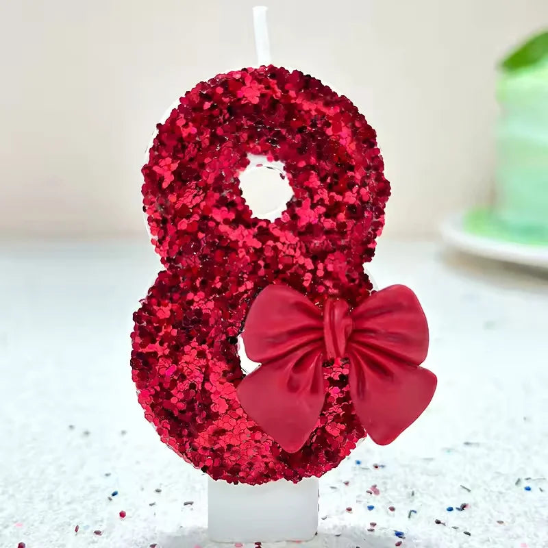 Sanrio 0-9 digit Birthday Candles,Lotus root pink bow tie with Glitter Sequins,  Suitable for Birthday Party Cake Decoration