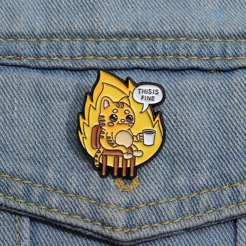 Flame Coffee Cat Enamel Pins Custom THIS IS FINE Brooches Lapel Badges Cartoon Animal Jewelry Gift for Friends