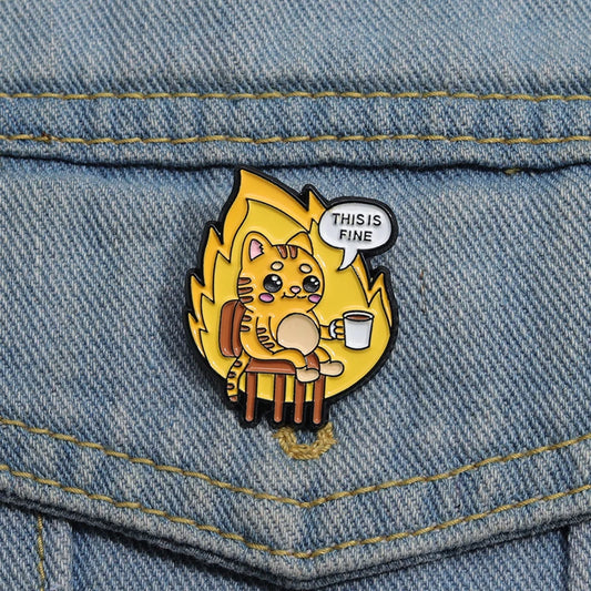 Flame Coffee Cat Enamel Pins Custom THIS IS FINE Brooches Lapel Badges Cartoon Animal Jewelry Gift for Friends