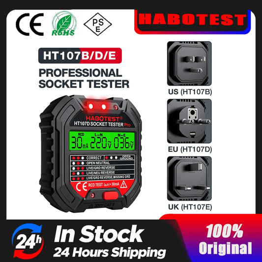 HABOTEST HT107 Socket Tester Pro Voltage Test RCD 5/30mA Socket Detector Ground Zero Line Plug Polarity Phase Check