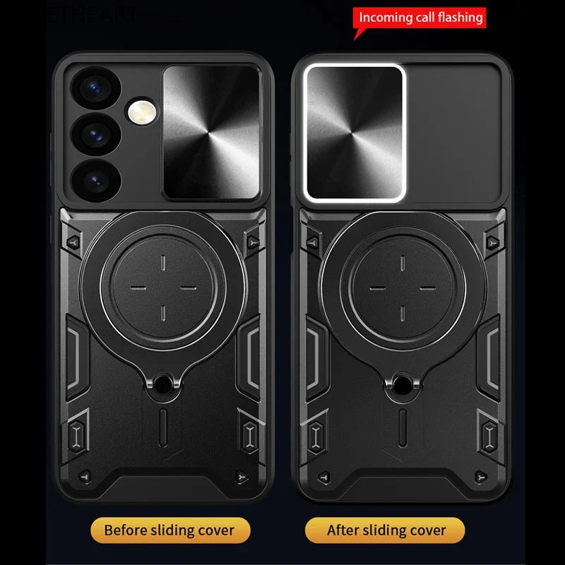 Magnetic Adsorption Armor Metal Ring Case For Samsung Galaxy S25 24 23 22 21 20 Ultra S24 S23 Plus S24FE Incoming Call Flashing