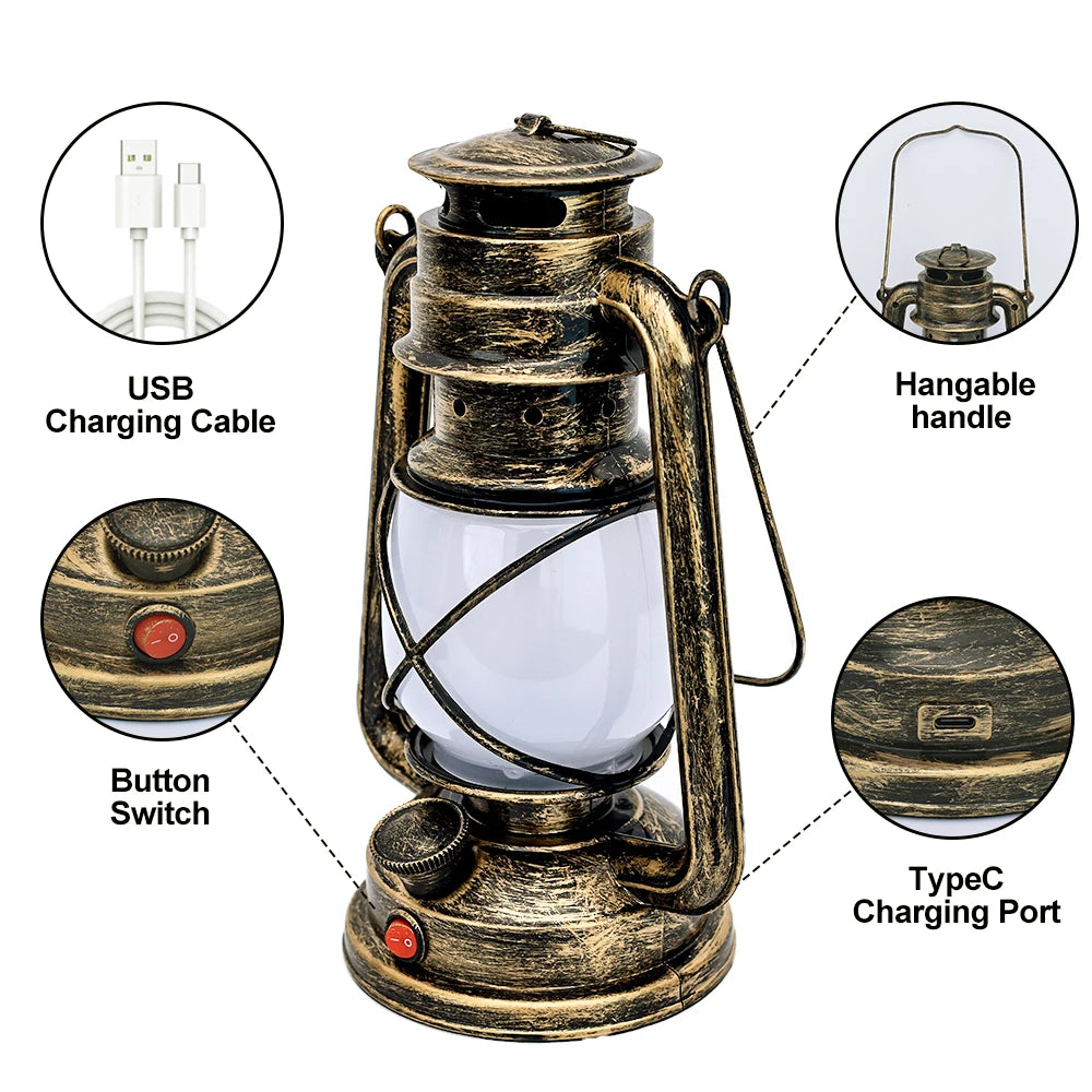 Vintage Camping Lantern LED Flame Light Battery Rechargeable USB Portable Hanger Fishing Lamp Dimming For Outdoor Garden Tent